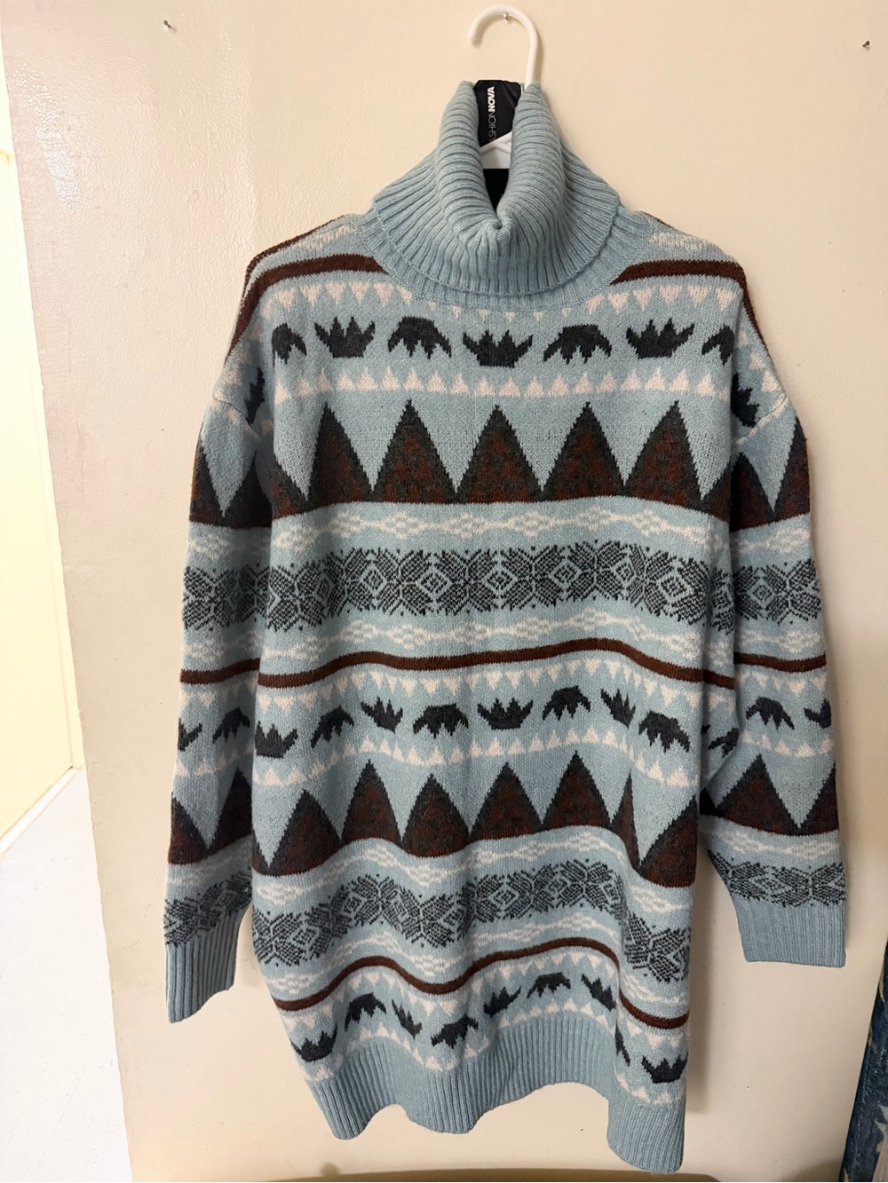 Fashion Nova Light Blue Fair Isle Turtleneck Sweater with Brown Accents